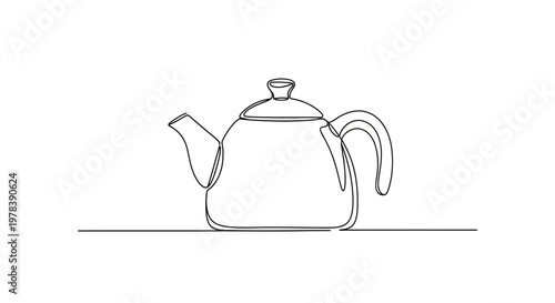 Minimalist single line drawing of a teapot on a white background