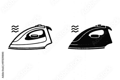 Clothing Iron Icons Set - Outline and Solid Steam Iron Illustration