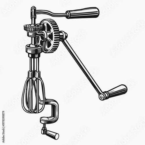 Vintage Hand Crank Rotary Egg Beater Mixer - Antique Kitchen Utensil Illustration