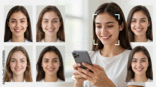 Smiling person interacting with smartphone while using face recognition technology at home