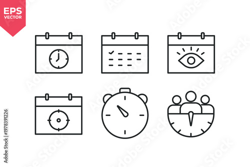 Set of line icons related to date, time, calendar, map, location, GPS, navigation, time management. Editable stroke. Vector illustration