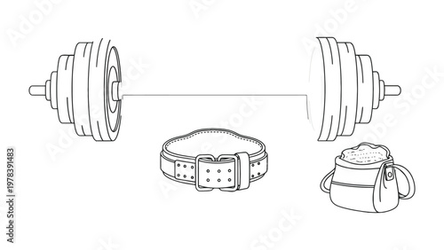 Weights and Accessories: Line drawing depicts the core elements of a gym workout - a heavy barbell, a sturdy weightlifting belt, and a bag.