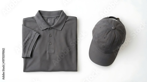 Grey polo shirt and cap.