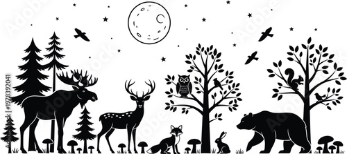 Black forest animals and trees under a moonlit night sky with birds flying