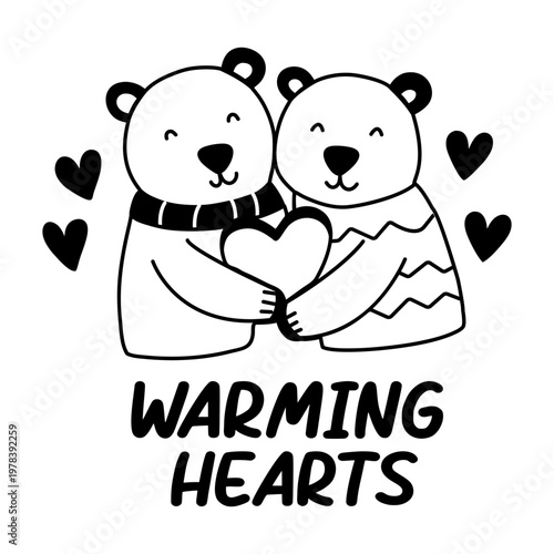 A glyph sticker of hugging bears with warming hearts typography 

