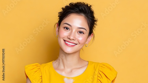 Happy woman smiling with yellow background.real skin from minimal beauty routine.