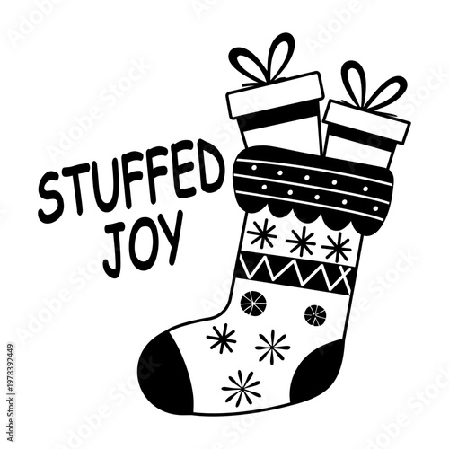 A glyph sticker of gift sock with stuffed joy typography 

