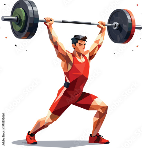 Geometric Low Poly Illustration of a Professional Weightlifter Performing a Clean and Jerk Lift with Barbell for Sports Fitness and Strength Training Design