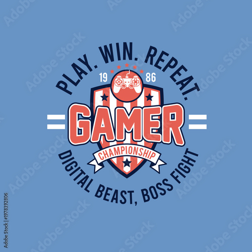 Gamer championship joystick with play win reapeat slogan graphic design
