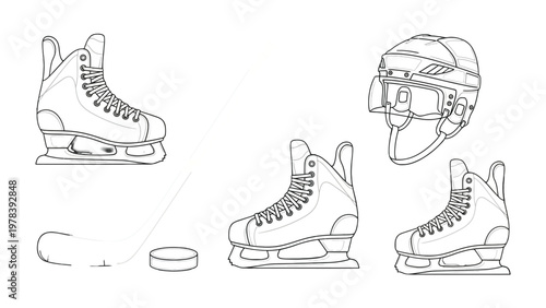 Ice Hockey Essentials: A minimalist monochrome illustration showcases essential ice hockey equipment, highlighting the gear needed for the exhilarating sport.