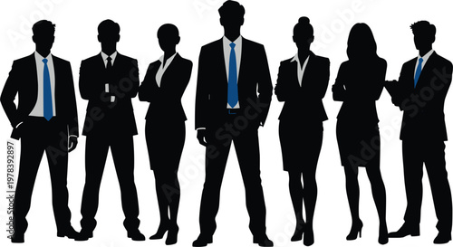 Group of Successful Business Professionals in Formal Suits Standing Confidently Together with Blue Tie Accents for Leadership Teamwork and Corporate Career Identity Concepts