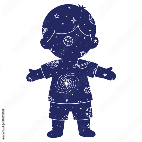 Cartoon boy silhouette filled with stars planets and galaxies representing a space themed illustration perfect for educational or decorative designs
