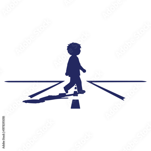 Child crossing the road illustration of pedestrian safety walking over crosswalk with road cones and guidance for secure passage