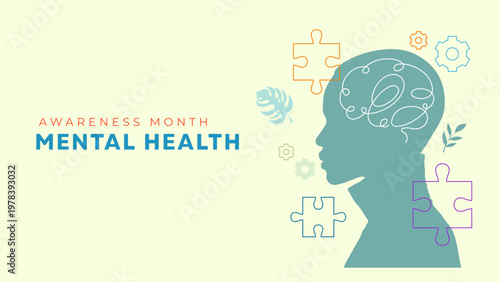 Support Mental Health Awareness with this thoughtful puzzle graphic. Featuring a human profile integrated with puzzle pieces and organic leaves, it symbolizes psychological complexity, self-discovery