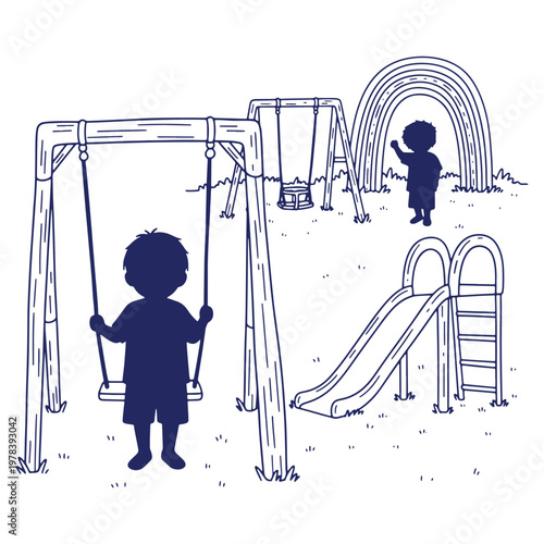 Children enjoy a playground with swings and a slide in a fun and colorful scene illustration