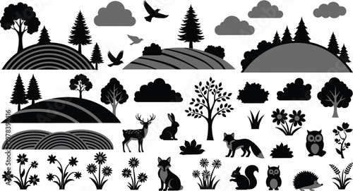 Black and white forest landscape icons and silhouettes of trees animals and nature elements