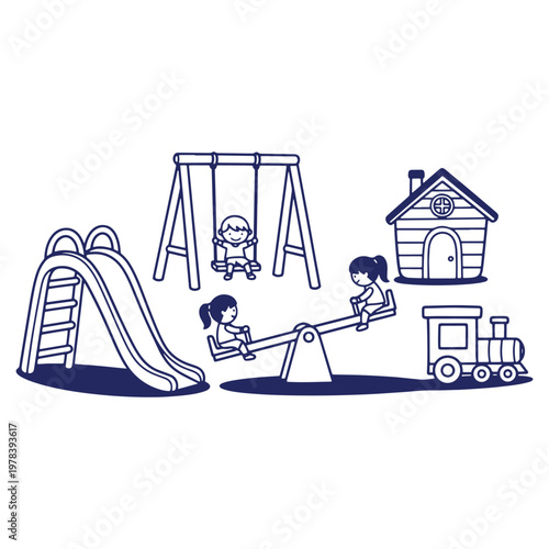 Playground with kids slide swing teeter totter train and playhouse perfect for school projects and creative designs