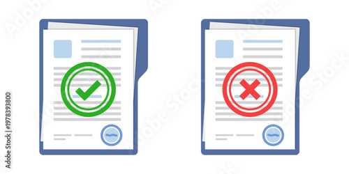 Approved and rejected document icon in flat style. Completed file vector illustration on isolated background. Report sign business concept.