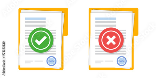 Approved and rejected document icon in flat style. Completed file vector illustration on isolated background. Report sign business concept.