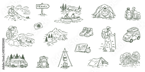 camping, travel, hiking, outdoor, vector, illustrations, adventure, line art, mountains, backpack, tent, nature, journey, trek, campfire, camper van, canoe, kayak, map, compass, binoculars, boots, cam