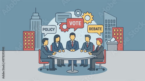 Political debate, policy making, and voting process illustration