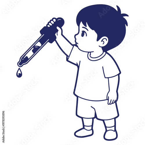 Young boy with dropper observing liquid and science experiments showing curiosity and learning with childhood innocence