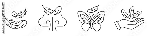 A set of minimalist contour icons including feathers, a butterfly, a hand and air flows, symbolizing weightlessness, natural softness and delicate care. Vector illustration.