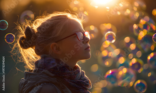 Portrait of a fair-haired girl wearing glasses in the rays of the sun against a background of soap bubbles