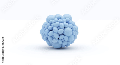 Whispers of an ethereal blue flower A delicate, abstract arrangement of varied spheres forming a captivating organic structure, floating on a pristine white canvas