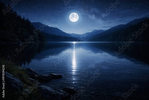 Full moon over calm lake with perfect reflection and mountain silhouettes at night