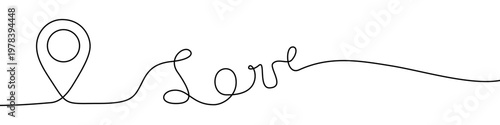 Illustration of a location icon and the word "Love" inscription, made in one continuous line. Minimalistic drawing of geoposition in the style of one line art. Vector illustration.