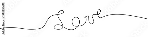 Illustration of the word "Love" inscription, made in one continuous line. Minimalistic drawing of calligraphic text about love in the style of one line art. Vector illustration.