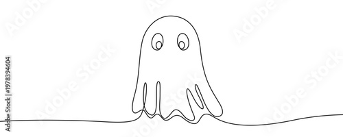 Illustration of a cute ghost silhouette with eyes, made in one continuous line. Minimalist spooky character drawing with a black stroke on a white background, vector illustration.