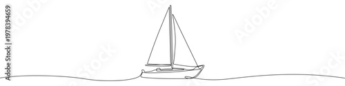 Illustration of a sailing yacht on the water, made in one continuous line. Minimalist sailboat drawing with a black stroke on a white background, vector illustration.