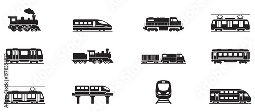 Train icon set. Comprehensive set of black vector icons illustrating various types of trains and locomotives. Vector Illustration. EPS 10
