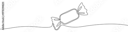 Illustration of a wrapped candy, made in one continuous line. Minimalist sweet dessert drawing with a black stroke on a white background, vector illustration.