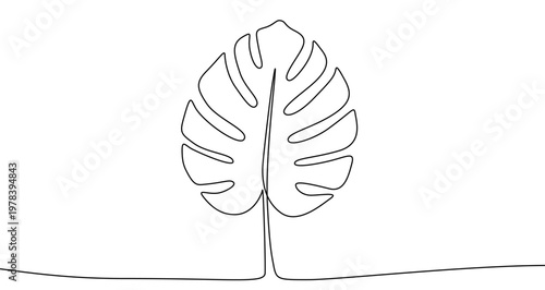 Illustration of a tropical monstera deliciosa leaf, made in one continuous line. Minimalist exotic plant and nature decoration drawing with a black stroke on a white background, vector illustration.