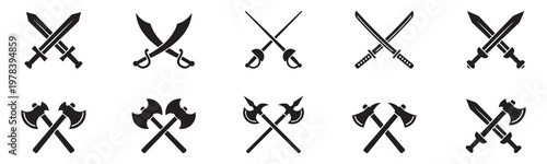 Crossed sword and axe icon. Medieval sword and axe icon. Vector Illustration. EPS 10