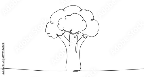 Illustration of a fresh broccoli floret, made in one continuous line. Minimalist healthy vegetable and organic food drawing with a black stroke on a white background,