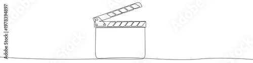 Illustration of an open movie clapperboard, made in one continuous line. Minimalist cinema production and filmmaking equipment drawing with a black stroke