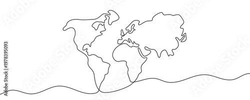 Illustration of a world map with simplified continental outlines, made in one continuous line. Vector illustration.