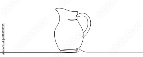 Illustration of a ceramic water pitcher or jug, made in one continuous line. Minimalist kitchenware and beverage container drawing with a black stroke on a white background
