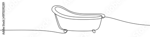 Illustration of a classic freestanding bathtub with feet, made in one continuous line. Minimalist bathroom interior element and self-care concept drawing with a black stroke