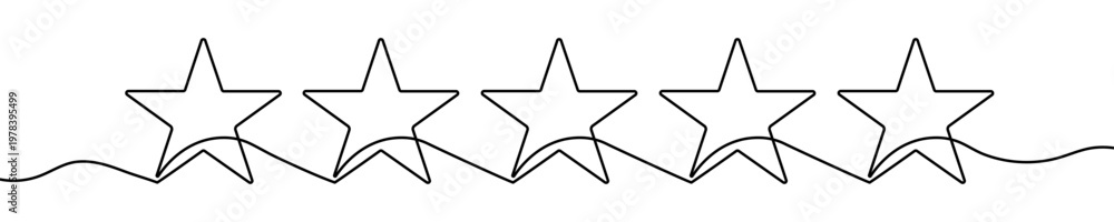 Fototapeta premium Illustration of five stars in a row, made in one continuous line. Minimalistic drawing of rating and feedback in the style of one line art. Vector illustration.
