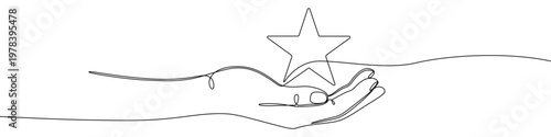 Illustration of a hand holding a star, made in one continuous line. Minimalistic drawing of success and reward concept in the style of one line art. Vector illustration.