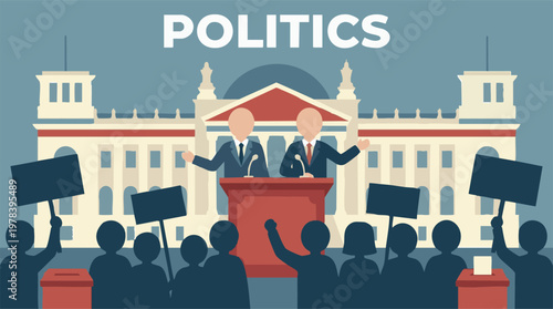 Flat vector illustration of political debate, elections, and social issues