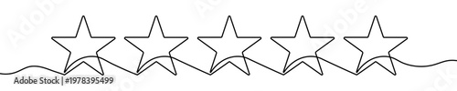 Illustration of five stars in a row, made in one continuous line. Minimalistic drawing of rating and feedback in the style of one line art. Vector illustration.