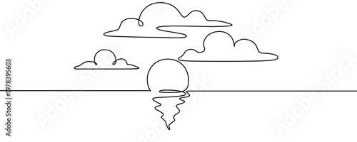Illustration of a sunset over the water with clouds, made in one continuous line. Minimalistic drawing of a seascape in the style of one line art. Vector illustration.