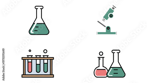 Scientific Icons: A collection of vibrant science icons, including beakers, test tubes, and a microscope, symbolize scientific exploration, discovery, and experimentation.
