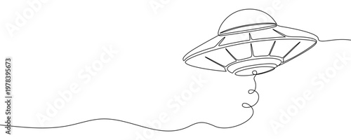 Illustration of a UFO flying saucer, made in one continuous line. Minimalistic drawing of an alien spaceship in the style of one line art. Vector illustration.